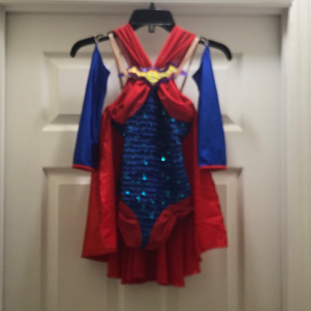Super Woman Dance Costume with Cape Child Large